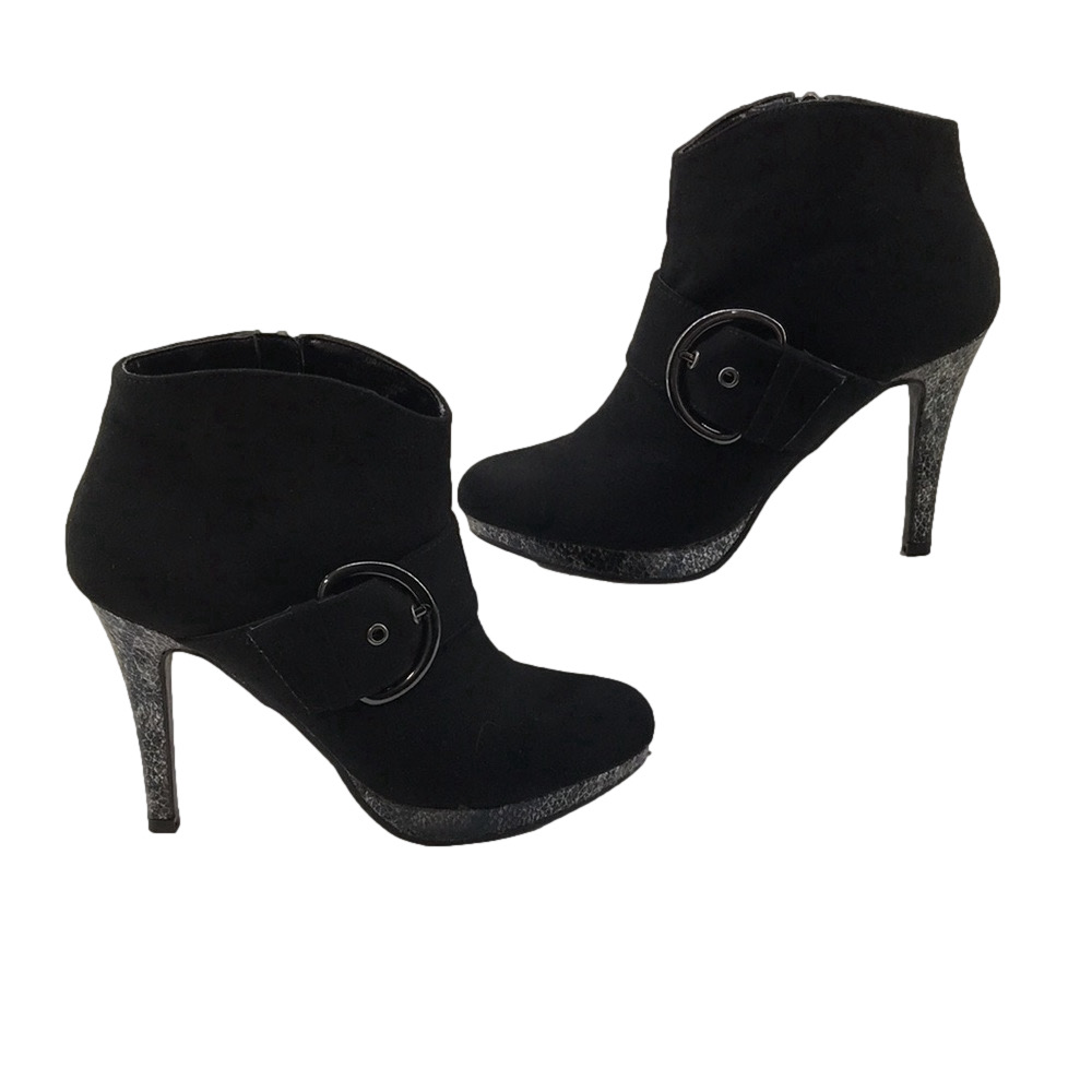 9&CO Women’s JJRAIDEL Black Faux Suede/Snakeskin 4” Heal Ankle Bootie, Buckle—6M